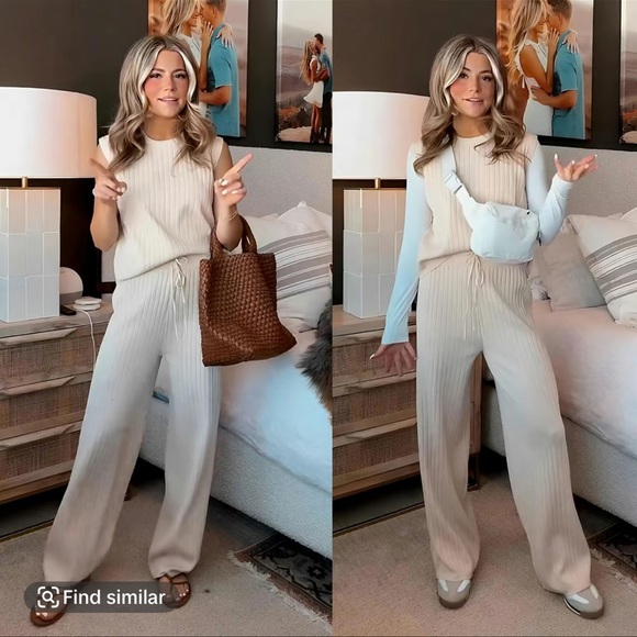 Cream Ribbed Sweater Set - Picture 1 of 6